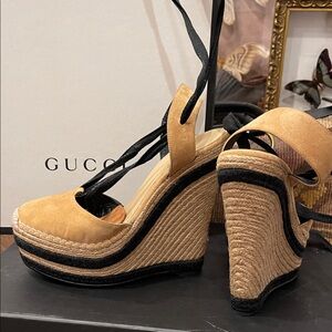 Gucci Tan and Black Espadrille Wedges